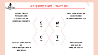 #6 경쟁브랜드 분석 - SWOT 분석
실험적인 이미지로 매니아층만 소유
올드한 브랜드 이미지
다른 명품 브랜드에 비하여 낮은 인지도
최근 10-20대 사이에서 주얼리 라인
유행
최신 트렌드에 맞춘 친환경 소재의 에
슬레저 웨어 출시
경쟁이 치열한 시장 상황
모조품 생산이 증가
대체품을 쉽게 구할 수 있다.
30년이 넘는 전통 브랜드
독자적인 브랜드 이미지
4가지 라인의 타켓층 확보
새로운 유행 창시 브랜드 (펑크 룩)
W
약점
S
강점
O
기회
T
위협
 