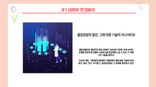 몰입경험이란 물리적인 현실 세계와 가상으로 구현된 세계 사이의
경계를 모호하게 만들어 가상공간을 현실처럼 느낄 수 있는 것, 혹은
그런 기술을 말한다.
단순히 게임 , 엔터테인먼트에만 적용해왔던 몰입경험 기술은 이제
광고, 패션, 전시, 주거공간, 제조업으로도 그 세력을 확장하고 있다.
#1 내외부 환경분석
 