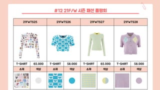 21FWTS25 21FWTS26 21FWTS27 21FWTS28
T-SHIRT 65,000 T-SHIRT 58,000 T-SHIRT 65,000 T-SHIRT 58,000
소재 색상 소재 색상 소재 색상 소재 색상
#12 21F/W 시즌 패션 품평회
 
