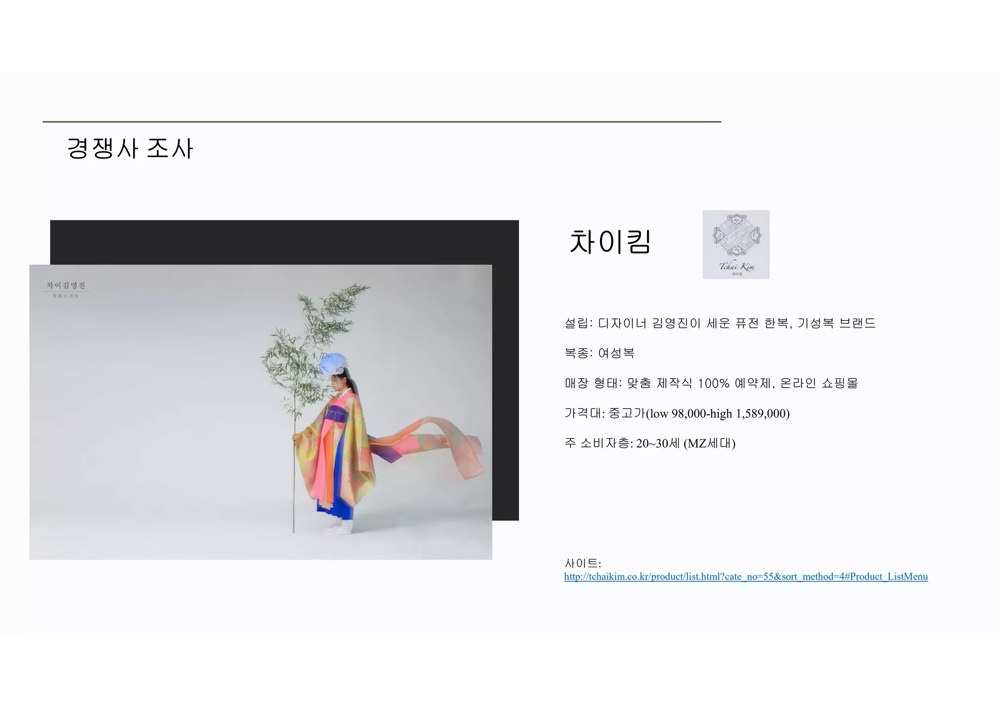 경쟁사 조사
차이킴
설립: 디자이너 김영진이 세운 퓨전 한복, 기성복 브랜드
복종: 여성복
매장 형태: 맞춤 제작식 100% 예약제, 온라인 쇼핑몰
가격대: 중고가(low 98,000-high 1,589,000)
주 소비자층: 20~30세 (MZ세대)
사이트:
http://tchaikim.co.kr/product/list.html?cate_no=55&sort_method=4#Product_ListMenu
 
