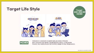Target Life Style
MZ세대
1980년대 초~2000년대 초 출생한 밀레니얼 세대와 1990년대
중반~2000년대 초반 출생한 Z세대를 통칭하는 말이다. 디지털 환경에
익숙하고, 최신 트렌드와 남과 다른 이색적인 경험을 추구하는 특징을 보인다.
https://blog.naver.com/eunii00/222217018968
Target
20대~30대 초반
MZ세대
 