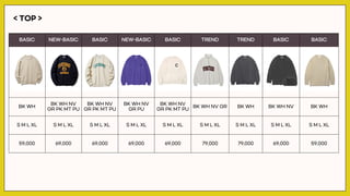 < TOP >
BASIC NEW-BASIC BASIC NEW-BASIC BASIC TREND TREND BASIC BASIC
BK WH
BK WH NV
GR PK MT PU
BK WH NV
GR PK MT PU
BK WH NV
GR PU
BK WH NV
GR PK MT PU
BK WH NV GR BK WH BK WH NV BK WH
S M L XL S M L XL S M L XL S M L XL S M L XL S M L XL S M L XL S M L XL S M L XL
59,000 69,000 69,000 69,000 69,000 79,000 79,000 69,000 59,000
 