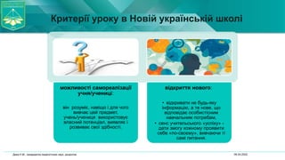06.04.2022
Дика Н.М., кандидатка педагогічних наук, доцентка
Критерії уроку в Новій українській школі
можливості самореалізації
учня/учениці:
він розуміє, навіщо і для чого
вивчає цей предмет,
учень/учениця використовує
власний потенціал, виявляє і
розвиває свої здібності.
відкриття нового:
• відкривати не будь-яку
інформацію, а те нове, що
відповідає особистісним
навчальним потребам,
• сенс учительського «успіху» -
дати змогу кожному проявити
себе «по-своєму», вивчаючи ті
самі питання.
 