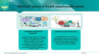 06.04.2022
Дика Н.М., кандидатка педагогічних наук, доцентка
Критерії уроку в Новій українській школі
створення навчальної
продукції:
• учень/учениця на уроці не вивчає
напам’ять готові правила, а створює
освітню продукцію (проєкти,
таблички, моделі, плани, схеми
тощо). Лише такий учень у
майбутньому зможе бути корисним
людям, адже сьогоднішнє
суспільство потребує діяльнісних,
творчих людей.
розвиток компетентностей:
- важливішим стає не стільки
інформування учнів, скільки вміння
розв’язувати проблеми, пояснювати
явища дійсності у практичному житті,
під час професійного вибору, у
розв’язанні життєвих проблем.
 