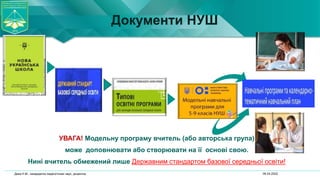Документи НУШ
06.04.2022
Дика Н.М., кандидатка педагогічних наук, доцентка
УВАГА! Модельну програму вчитель (або авторська група)
може доповнювати або створювати на її основі свою.
Нині вчитель обмежений лише Державним стандартом базової середньої освіти!
 