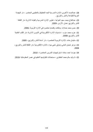 118
28
-
‫التخطيط‬ ‫البعد‬ ‫المدرسية‬ ‫اإلدارة‬، ‫األغبري‬ ‫عبدالصمد‬
‫النهضة‬ ‫دار‬ ، ‫المعاصر‬ ‫والتنظيمي‬
. ‫والتوزيع‬ ‫والنشر‬ ‫للطباعة‬ ‫العربية‬
29
-
‫عبدال‬
‫الثقافة‬ ‫دار‬، ‫االدارية‬ ‫والقيادة‬ ‫المدرسية‬ ‫اإلدارة‬ ‫تطوير‬ ، ‫الخواجا‬ ‫سعيد‬ ‫محمد‬ ‫فتاح‬
، ‫األردن‬، ‫عمان‬، ‫والتوزيع‬ ‫للنشر‬
2009
.
30
-
، ‫التربوية‬ ‫االدارة‬ ‫في‬ ‫معاصرة‬ ‫وقضايا‬ ‫وظائف‬، ‫حمادات‬ ‫محمد‬ ‫حسن‬
2006
.
31
-
‫ال‬ ‫دار‬، ‫االدارية‬ ‫الشؤون‬ ‫في‬ ‫االلكترونية‬ ‫االدارة‬ ‫اساسيات‬ ، ‫عزب‬ ‫محمد‬ ‫عزب‬
‫العلمية‬ ‫كتب‬
، ‫والتوزيع‬ ‫للنشر‬
2008
.
32
-
، ‫والتوزيع‬ ‫للنشر‬ ‫أسامة‬ ‫دار‬ ، ‫المعاصرة‬ ‫التربوية‬ ‫اإلدارة‬، ‫حامد‬ ‫سليمان‬
2009
.
33
-
، ‫والتوزيع‬ ‫للنشر‬ ‫الثقافة‬ ‫دار‬، ‫اإللكترونية‬ ‫اإلدارة‬، ‫جواد‬ ‫ناجي‬ ‫وشوقي‬ ‫العاني‬ ‫شعبان‬ ‫مزهر‬
2008
.
34
-
‫المعاصر‬ ‫التدريس‬ ‫استراتيجيات‬، ‫سعادة‬ ‫احمد‬ ‫جودت‬
، ‫ة‬
2010
.
35
-
، ‫المعلوماتية‬ ‫عصر‬ ‫في‬ ‫التعليم‬ ‫تكنولوجيا‬ ‫مستحدثات‬ ، ‫الحلفاوي‬ ‫محمد‬ ‫سالم‬ ‫وليد‬ /‫د‬
2018
.
 