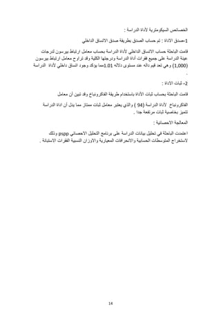 14
: ‫الدراسة‬ ‫ألداة‬ ‫السيكومترية‬ ‫الخصائص‬
1
-
‫الداخلي‬ ‫االتساق‬ ‫صدق‬ ‫بطريقة‬ ‫الصدق‬ ‫حساب‬ ‫تم‬ : ‫االداة‬ ‫صدق‬
‫الدا‬ ‫االتساق‬ ‫حساب‬ ‫الباحثة‬ ‫قامت‬
‫معامل‬ ‫بحساب‬ ‫الدراسة‬ ‫ألداة‬ ‫خلي‬
‫لدرجات‬ ‫بيرسون‬ ‫ارتباط‬
‫الدراسة‬ ‫أداة‬ ‫فقرات‬ ‫جميع‬ ‫على‬ ‫الدراسة‬ ‫عينة‬
‫بيرسون‬ ‫ارتباط‬ ‫معامل‬ ‫تراوح‬ ‫وقد‬ ‫الكلية‬ ‫ودرجتها‬
(
1,000
)
‫مست‬ ‫عند‬ ‫داله‬ ‫قيم‬ ‫تعد‬ ‫وهي‬
‫دالله‬ ‫وى‬
1.01
‫يؤكد‬ ‫مما‬
‫ألداة‬ ‫داخلي‬ ‫اتساق‬ ‫وجود‬
‫الدراسة‬
.
2
-
: ‫االداة‬ ‫ثبات‬
‫طريقة‬ ‫باستخدام‬ ‫األداة‬ ‫ثبات‬ ‫بحساب‬ ‫الباحثة‬ ‫قامت‬
‫ا‬
‫معامل‬ ‫أن‬ ‫تبين‬ ‫وقد‬ ‫لفاكرونباخ‬
‫ال‬
‫فا‬
( ‫الدراسة‬ ‫ألداة‬ ‫كرونباخ‬
94
‫مما‬ ‫ممتاز‬ ‫ثبات‬ ‫معامل‬ ‫يعتبر‬ ‫والذي‬ )
‫الدراسة‬ ‫اداة‬ ‫أن‬ ‫يدل‬
‫بخاصية‬ ‫تتميز‬
. ‫جدا‬ ‫مرتفعة‬ ‫ثبات‬
: ‫االحصائية‬ ‫المعالجة‬
‫الد‬ ‫بيانات‬ ‫تحليل‬ ‫في‬ ‫الباحثة‬ ‫اعتمدت‬
‫االحصائي‬ ‫التحليل‬ ‫برنامج‬ ‫على‬ ‫راسة‬
pspp
‫وذلك‬
‫ا‬ ‫المتوسطات‬ ‫الستخراج‬
. ‫االستبانة‬ ‫الفقرات‬ ‫النسبية‬ ‫واالوزان‬ ‫المعيارية‬ ‫واالنحرافات‬ ‫لحسابية‬
 