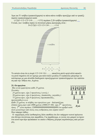 Ψευδοαποδείξεις-Παράδοξα Δρούγας Θανασής 25
Άρα για 51 τούβλα (τραπουλόχαρτα) το πάνω-πάνω τούβλο προεξέχει από το τραπέζι
(πρώτο τραπουλόχαρτο) κατά:
(1/2)(1+1/2+1/3+1/4+…….+1/51) περίπου 2,26 τούβλα (τραπουλόχαρτα)
Γενικά, για ν τούβλα ισχύει το συνολικό μήκος προεξοχής είναι :
S=(1/2)(1+1/2+1/3+1/4+…….+1/ν)
Το αστείο είναι ότι η σειρά 1/2+1/4+1/6+……. αποκλίνει,πολύ αργά αλλά αποκλί-
νει,αυτό σημαίνει ότι αν έχουμε μια πολύ-πολύ μεγάλη (!!) τράπουλα μπορούμε να
καλύψουμε με μια αλυσίδα διαδοχικών προεξεχομενων τραπουλόχαρτων την απόστα-
ση από την Αθήνα στο..Αγρίνιο.
21. Οι προγόνοι
Μια γενιά εμφανίζεται κάθε 25 χρόνια.
Συνεπώς:
25 χρόνια πριν, είχα 2 προγόνους,( γονείς )
50 χρόνια πριν, είχα 4 προγόνους, (παππούδες, γιαγιάδες )
75 χρόνια πριν, είχα 8 προγόνους (προπαππούδες ,
προγιαγιάδες) κ.ο.κ.
Κάθε 25 χρόνια, το πλήθος των προγόνων μου διπλασιάζεται.
Στάσου όμως,πριν από 2000 χρόνια (2000/25=80) είχα 280
προγόνους,
όμως 280
είναι περίπου 1200000000000000000000000 ένα αριθμό κατά
πολύ μεγαλύτερο από όλους τους ανθρώπους που έζησαν ποτέ!!
Που υπαρχει λάθος;
Ο ισχυρισμός είναι λανθασμένος διότι υποθέτει ότι δεν υπάρχουν κοινοί πρόγονοι
στο δέντρο συγγένειας που παραθέτει. Για παράδειγμα, οι γονείς του μπορεί να έχουν
ένα κοινό προ-προ προπάππου το οποίο ο Μήτσος μέτρησε περισσότερες από μια φο-
ρές.
Εγώ
 