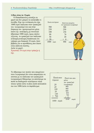 4 Ψευδοαποδείξεις-Παράδοξα http://mathhmagic.blogspot.gr
1.Που είναι τα Ευρώ;
Ο Παπαδόπουλος κοιτάζει το
χαρτί και δεν μπορεί να καταλάβει τι
συνέβη. Είχε την εντύπωση ότι είχε
1000 ευρώ υπόλοιπο στον τραπεζικό
του λογαριασμό του και στην
διάρκεια του προηγουμένου μήνα
έκανε έξι αναλήψεις με συνολικό
άθροισμα 1000 ευρώ, όμως υπολο-
γίζοντας το τραπεζικό του υπόλοιπο
ανάληψη-ανάληψη διαπίστωσε ότι
υπάρχει μια διαφορά 10 ευρώ, ήταν
βέβαιος ότι οι προσθέσεις που έκανε
είναι απόλυτα σωστές.
Δείτε το χαρτί .
Χρωστάει 10 ευρώ στην τράπεζα ή
όχι;
Το άθροισμα των ποσών που απομένουν
στον λογαριασμό δεν είναι απαραίτητο να
ισούται με το υπόλοιπο του τραπεζικού
λογαριασμού.Μπορούμε να επιλέξουμε τα
ποσά τα διαδοχικών αναλήψεων κατά
τέτοιο τρόπο ώστε να βγει ποσό πολλαπλά-
σιο του 1000.Δείτε το παράδειγμα:
 