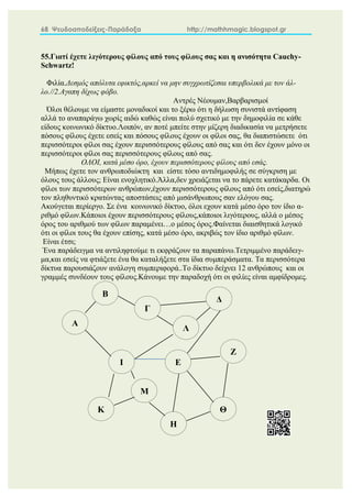 68 Ψευδοαποδείξεις-Παράδοξα http://mathhmagic.blogspot.gr
55.Γιατί έχετε λιγότερους φίλους από τους φίλους σας και η ανισότητα Cauchy-
Schwartz!
Φιλία.Δεσμός απόλυτα εφικτός,αρκεί να μην συγχρωτίζεσαι υπερβολικά με τον άλ-
λο.//2.Αγαπη δίχως φόβο.
Αντρές Νέουμαν,Βαρβαρισμοί
Όλοι θέλουμε να είμαστε μοναδικοί και το ξέρω ότι η δήλωση συνιστά αντίφαση
αλλά το αναπαράγω χωρίς αιδώ καθώς είναι πολύ σχετικό με την δημοφιλία σε κάθε
είδους κοινωνικό δίκτυο.Λοιπόν, αν ποτέ μπείτε στην μίζερη διαδικασία να μετρήσετε
πόσους φίλους έχετε εσείς και πόσους φίλους έχουν οι φίλοι σας, θα διαπιστώσετε ότι
περισσότεροι φίλοι σας έχουν περισσότερους φίλους από σας και ότι δεν έχουν μόνο οι
περισσότεροι φίλοι σας περισσότερους φίλους από σας.
ΟΛΟΙ, κατά μέσο όρο, έχουν περισσότερους φίλους από εσάς.
Μήπως έχετε τον ανθρωποδιώκτη και είστε τόσο αντιδημοφιλής σε σύγκριση με
όλους τους άλλους; Είναι ενοχλητικό.Άλλα,δεν χρειάζεται να το πάρετε κατάκαρδα. Οι
φίλοι των περισσότερων ανθρώπων,έχουν περισσότερους φίλους από ότι εσείς,διατηρώ
τον πληθυντικό κρατώντας αποστάσεις από μισάνθρωπους σαν ελόγου σας.
Ακούγεται περίεργο. Σε ένα κοινωνικό δίκτυο, όλοι εχουν κατά μέσο όρο τον ίδιο α-
ριθμό φίλων.Κάποιοι έχουν περισσότερους φίλους,κάποιοι λιγότερους, αλλά ο μέσος
όρος του αριθμού των φίλων παραμένει…ο μέσος όρος.Φαίνεται διαισθητικά λογικό
ότι οι φίλοι τους θα έχουν επίσης, κατά μέσο όρο, ακριβώς τον ίδιο αριθμό φίλων.
Είναι έτσι;
Ένα παράδειγμα να αντιληφτούμε τι εκφράζουν τα παραπάνω.Tετριμμένο παράδειγ-
μα,και εσείς να φτιάξετε ένα θα καταλήξετε στα ίδια συμπεράσματα. Τα περισσότερα
δίκτυα παρουσιάζουν ανάλογη συμπεριφορά..Το δίκτυο δείχνει 12 ανθρώπους και οι
γραμμές συνδέουν τους φίλους.Κάνουμε την παραδοχή ότι οι φιλίες είναι αμφίδρομες.
Α
Β
Γ
Δ
Ε
Ζ
Η
Θ
Ι
Κ
Λ
Μ
 