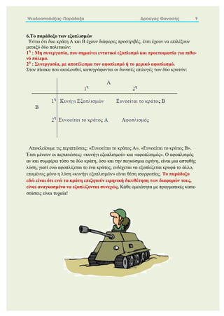 Ψευδοαποδείξεις-Παράδοξα Δρούγας Θανασής 9
6.Το παράδοξο των εξοπλισμών
Έστω ότι δυο κράτη Α και Β έχουν διάφορες προστριβές, έτσι έχουν να επιλέξουν
μεταξύ δύο πολιτικών:
1η
: Μη συνεργασία, που σημαίνει εντατικό εξοπλισμό και προετοιμασία για πιθα-
νό πόλεμο.
2η
: Συνεργασία, με αποτέλεσμα τον αφοπλισμό ή το μερικό αφοπλισμό.
Στον πίνακα που ακολουθεί, καταγράφονται οι δυνατές επιλογές των δύο κρατών:
Αποκλείουμε τις περιπτώσεις: «Ευνοείται το κράτος Α», «Ευνοείται το κράτος Β».
Έτσι μένουν οι περιπτώσεις: «κυνήγι εξοπλισμού» και «αφοπλισμός». Ο αφοπλισμός
αν και συμφέρει τόσο τα δύο κράτη, όσο και την παγκόσμια ειρήνη, είναι μια ασταθής
λύση, γιατί ενώ αφοπλίζεται το ένα κράτος, ενδέχεται να εξοπλίζεται κρυφά το άλλο,
επομένως μόνο η λύση «κυνήγι εξοπλισμών» είναι θέση ισορροπίας. Το παράδοξο
εδώ είναι ότι ενώ τα κράτη επιζητούν ειρηνική διευθέτηση των διαφορών τους,
είναι αναγκασμένα να εξοπλίζονται συνεχώς. Κάθε ομοιότητα με πραγματικές κατα-
στάσεις είναι τυχαία!
 