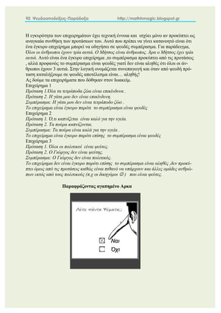 90 Ψευδοαποδείξεις-Παράδοξα http://mathhmagic.blogspot.gr
Η εγκυρότητα των επιχειρημάτων έχει τεχνική έννοια και ισχύει μόνο αν προκύπτει ως
αναγκαία συνθήκη των προτάσεων του. Αυτό που πρέπει να γίνει κατανοητό είναι ότι
ένα έγκυρο επιχείρημα μπορεί να οδηγήσει σε ψευδές συμπέρασμα. Για παράδειγμα,
Όλοι οι άνθρωποι έχουν τρία αυτιά. Ο Μήτσος είναι άνθρωπος. Άρα ο Μήτσος έχει τρία
αυτιά. Αυτό είναι ένα έγκυρο επιχείρημα ,το συμπέρασμα προκύπτει από τις προτάσεις
, αλλά προφανώς το συμπέρασμα είναι ψευδές γιατί δεν είναι αληθές ότι όλοι οι άν-
θρωποι έχουν 3 αυτιά. Στην λογική ονομάζεται συνεπαγωγή και όταν από ψευδή πρό-
ταση καταλήξουμε σε ψευδές αποτέλεσμα είναι… αληθής!
Ας δούμε τα επιχειρήματα που δόθηκαν στον Ιωακείμ.
Επιχείρημα 1
Πρόταση 1.Όλα τα τετράποδα ζώα είναι επικίνδυνα .
Πρόταση 2. Η γάτα μου δεν είναι επικίνδυνη.
Συμπέρασμα: Η γάτα μου δεν είναι τετράποδο ζώο .
Το επιχείρημα είναι έγκυρο παρότι το συμπέρασμα είναι ψευδές
Επιχείρημα 2
Πρόταση 1. Ό,τι καπνίζεται είναι καλό για την υγεία.
Πρόταση 2. Τα πούρα καπνίζονται.
Συμπέρασμα: Τα πούρα είναι καλά για την υγεία .
Το επιχείρημα είναι έγκυρο παρότι επίσης το συμπέρασμα είναι ψευδές
Επιχείρημα 3
Πρόταση 1. Όλοι οι πολιτικοί είναι ψεύτες.
Πρόταση 2. Ο Γιώργος δεν είναι ψεύτης.
Συμπέρασμα: Ο Γιώργος δεν είναι πολιτικός.
Το επιχείρημα δεν είναι έγκυρο παρότι επίσης το συμπέρασμα είναι αληθές ,δεν προκύ-
πτει όμως από τις προτάσεις καθώς είναι πιθανό να υπάρχουν και άλλες ομάδες ανθρώ-
πων εκτός από τους πολιτικούς (π.χ οι δικηγόροι  ) που είναι ψεύτες.
Παραφράζοντας αγαπημένο Αρκα
 