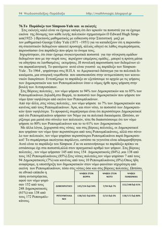 94 Ψευδοαποδείξεις-Παράδοξα http://mathhmagic.blogspot.gr
76.Το Παράδοξο των Simpson-Yule και οι εκλογές
Στις εκλογές καλό είναι να έχουμε υπόψη ότι δεν αρκούν τα ποσοστά για να έχουμε
εικόνα της δύναμης των κάθε λογής πολιτικών σχηματισμών.Ο Edward Hugh Simp-
son(1922- ) Βρετανός μαθηματικός με ειδίκευση στην Στατιστική μαζί με
τον μαθηματικό George Udny Yule (1871 –1951) για να καταδείξουν ότι η παρουσία-
ση στατιστικών δεδομένων απαιτεί προσοχή, αλλιώς οδηγεί σε λάθος συμπεράσματα,
παρουσίασαν ένα παράδοξο που φέρει το όνομα τους.
Ισχυρίστηκαν, ότι όταν έχουμε συγκεντρωτικά ποσοστά για την σύγκριση ομάδων
δεδομένων που με την σειρά τους περιέχουν επιμέρους ομάδες , μπορεί η πρώτη μάτια
να οδηγήσει σε λανθασμένες εκτιμήσεις .Η συνολική παρουσίαση των δεδομένων εί-
ναι παραπλανητική. Το φαινόμενο αυτό είναι γνωστό ως παράδοξο των Simpson-
Yule . Το 1964 , ψηφίστηκε στις Η.Π.Α το Αμερικανικό διάταγμα για τα πολιτικά δι-
καιώματα, μια ιστορική νομοθεσία που αποσκοπούσε στην αντιμετώπιση των κοινω-
νικών διακρίσεων. Εντοπίζουμε το παράδοξο αν εξετάσουμε το αρχείο με τις ψήφους
των Δημοκρατικών και των Ρεπουμπλικάνων όταν ο νόμος ήρθε προς ψήφιση στην
βουλή των Αντιπροσώπων.
Στις Βόρειες πολιτείες , τον νόμο ψήφισε το 94% των Δημοκρατικών και το 85% των
Ρεπουμπλικάνων.Δηλαδή,στο Βορρά, το ποσοστό των δημοκρατικών που ψήφισε τον
νόμο ήταν υψηλότερο από εκείνο των Ρεπουμπλικάνων.
Από την άλλη ,στις νότιες πολιτείες , τον νόμο ψήφισε το 7% των Δημοκρατικών και
κανένας από τους Ρεπουμπλικάνων. Άρα, και στον νότο, το ποσοστό των Δημοκρατι-
κών ήταν υψηλότερο. Το προφανές συμπέρασμα είναι ότι περισσότεροι Δημοκρατικοί
από ότι Ρεπουμπλικάνοι ψήφισαν τον Νόμο για τα πολιτικά δικαιώματα. Ωστόσο, αν
ρίξουμε μια ματιά στο σύνολο των πολιτειών, τότε θα διαπιστώσουμε ότι τον νόμο
ψήφισε το 80% των Ρεπουμπλικάνων και το το 61% των Δημοκρατικών.
Με άλλα λόγια, ξεχωριστά στις νότιες και στις βόρειες πολιτείες, οι Δημοκρατικοί
που ψηφίσαν τον νόμο ήταν περισσότεροι από τους Ρεπουμπλικάνους, αλλά στο σύνο-
λο των πολιτειών, τον νόμο ψηφίσαν περισσότεροι Ρεπουμπλικάνοι παρά δημοκρατι-
κοί! Το συμπέρασμα ακούγεται παράλογο, ωστόσο τα γεγονότα είναι αδιαμφισβήτητα.
Αυτό είναι το παράδοξο του Simpson .Για να κατανοήσουμε το παράδοξο πρέπει να
εστιάσουμε όχι στα ποσοστά,αλλά στον πραγματικό αριθμό των ψήφων. Στις βόρειες
πολιτείες , τον νόμο ψήφισαν 145 από τους 154 Δημοκρατικούς (84%) ,και 138 από
τους 162 Ρεπουμπλικάνους (85%).Στις νότιες πολιτείες,τον νόμο ψηφίσαν 7 από τους
94 Δημοκρατικούς (7%) και κανένας από τους 10 Ρεπουμπλικάνους (0%).Οπως ήδη
αναφέραμε, η υποστήριξη των δημοκρατικών στον νόμο φαινόταν ισχυρότερη από
εκείνη των Ρεπουμπλικάνων, τόσο στις νότιες όσο και στις βόρειες πολιτείες .Ωστόσο,
σε εθνικό επίπεδο η
τάση αντιστρέφεται,
αφού τον νόμο ψηφί-
σαν 152 από τους
248 Δημοκρατικούς
(61%) και 138 από
τους 172 Ρεπουμπλι-
κάνους.
 