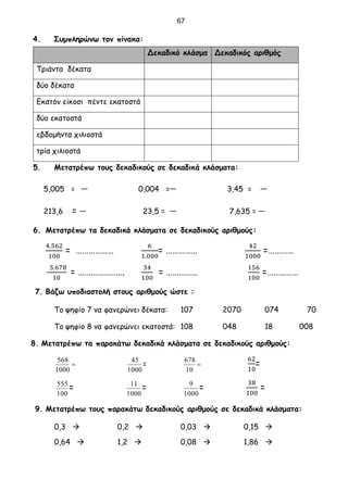 4. Συμπληρώνω τον πίνακα:
5. Μετατρέπω τους δεκαδικούς σε δεκαδικά κλάσματα:
5,005 = 0,004 = 3,45 =
213,6 = 23,5 = 7,635 =
6. Μετατρέπω τα δεκαδικά κλάσματα σε δεκαδικούς αριθμούς:
4.562
100
= ………………
6
1.000
= ……………
42
1000
=…………
5.678
10
= ………………….
34
100
= ……………
156
100
=……………
7. Βάζω υποδιαστολή στους αριθμούς ώστε :
Το ψηφίο 7 να φανερώνει δέκατα: 107 2070 074 70
Το ψηφίο 8 να φανερώνει εκατοστά: 108 048 18 008
8. Μετατρέπω τα παρακάτω δεκαδικά κλάσματα σε δεκαδικούς αριθμούς:

1000
568
1000
45
= 
10
678 62
10
=
100
555
=
1000
11
=
1000
9
=
38
100
=
9. Μετατρέπω τους παρακάτω δεκαδικούς αριθμούς σε δεκαδικά κλάσματα:
0,3  0,2  0,03  0,15 
0,64  1,2  0,08  1,86 
Δεκαδικό κλάσμα Δεκαδικός αριθμός
Τριάντα δέκατα
δύο δέκατα
Εκατόν είκοσι πέντε εκατοστά
δύο εκατοστά
εβδομήντα χιλιοστά
τρία χιλιοστά
67
 