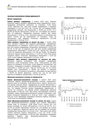 Інститут Економічних Досліджень та Політичних Консультацій _______ Дослідження ділової думки.
Готелі
2
ЗАГАЛЬНІ ЕКОНОМІЧНІ УМОВИ ДІЯЛЬНОСТІ
Ділове середовище
Оцінка ділового середовища. У жовтні 2021 року зважене
значення індексу ділового середовища дещо підвищилось, хоча і
продовжує залишатись від’ємним, та становить -0,29 (було
-0,32). Відсоток тих, для кого ділове середовище є хорошим
зменшився з 3,1% до 1,5%. Як і частка тих, хто вважає ділове
середовище поганим, яка зменшилась з 35,9% до 32,3%. Та з
60,9% до 66,2% збільшилась частка тих, хто вважає що жодних
змін не відбулось. Незважене значення індексу при цьому
збільшилось з -0,33 до -0,31. Значення індексу, не змінилось для
малих готелів (до 50 працівників) та становить -0,36, та
збільшилось для середніх готельних підприємств (51-250
працівників) з -0,26 до -0,17.
Зміни ділового середовища за минулі пів року. У жовтні 2021
року значення індексу змін ділового середовища продовжило
зменшуватись та становить -0,38 (-0,33 у липні). Відсоток тих,
для кого ділове середовище погіршилось збільшився з 42,9% до
43,1%. В той час, як відсоток тих, для кого ділове середовище
покращилось зменшився з 15,9% до 3,1%. Частка тих, для кого
нічого не змінилось збільшилась з 41,3% до 53,8%. Не зважене
значення індексу також зменшилось, з -0,27 до -0,40. При цьому
показник малих готельних підприємств зменшився з -0,25 до
-0,47, а для середніх зменшився з -0,32 до -0,22.
Очікувані зміни ділового середовища на наступні пів року.
Значення індексу очікуваних змін ділового середовища
змінилось лише незначним чином, хоча і збільшилось на одну
десяту та становить -0,33 (було -0,34). Відсоток «оптимістів», які
очікують покращення ділового середовища у наступні пів-року
зменшився з 10,5% до нуля. Тоді як частка тих, хто не очікує
жодних змін збільшилась з 50,0% до 60,6%; а відсоток
«песимістів», які очікують погіршення, зменшився на одну десяту,
з 39,5% до 39,4%. Водночас, частка тих, хто не зміг дати
прогноз на майбутнє збільшилась з 43,3% до 50,7%.
Фінансово-економічна ситуація на підприємстві
Оцінка фінансово-економічної ситуації. У жовтні 2021 року
значення індексу фінансово-економічної ситуації, зменшилось,
змінило знак та становить -0,08 (було 0,02 у липні). Частка тих,
хто оцінює поточне ділове середовище як погане збільшилась з
4,5% до 10,6%. Водночас, з 90,9% до 87,9% зменшилась частка
тих, хто вважає поточне ділове середовище задовільним, а
частка тих опитаних, хто вважає ділове середовище хорошим
зменшилась з 4,5% до 1,5%. При цьому, при розподілі готелів за
розміром, індекс фінансово-економічної ситуації погіршився і для
малих готельних підприємств з -0,06 до -0,47, і для середніх з
0,07 до -0,22. Відповідно незважене значення індексу становить
-0,40 (нуль за попередній період).
Зміни фінансово-економічної ситуації за минулі пів року. Індекс
змін фінансово-економічної ситуації для готелів зменшився,
змінив знак та становить -0,08 (було 0,12). Частка тих, хто
оцінює ситуацію як погану збільшилась з 21,2% до 43,1%. Та з
72,7% до 53,8% зменшилась частка тих, хто вважає що ніяких
змін не відбулось. Водночас частка тих, хто вважає що ситуація
покращилась зменшилась з 6,1% до 3,1%. При цьому, для малих
готелів значення індексу зменшилось з 0,11 до -0,10; а для
середніх індекс зменшився з 0,26 до 0,06. Відповідно незважене
значення індексу змін фінансово-економічної ситуації
зменшилось з 0,15 до -0,06.
 