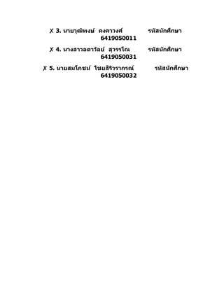 ✘ 3. นายวุฒิพงษ์ คงคาวงศ์ รหัสนักศึกษา
6419050011
✘ 4. นางสาวลดาวัลย์ สุวรรโณ รหัสนักศึกษา
6419050031
✘ 5. นายสมโภชน์ ไชยสิริวรากรณ์ รหัสนักศึกษา
6419050032
 