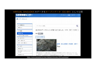 https://www.geospatial.jp/ckan/dataset/shizuoka-2019-pointcloud
VIRTUAL SHIZUOKA のデータをオープンデータ（CC-BY）として公開
 