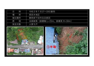 ⽇ 時 令和２年７⽉17〜19⽇豪⾬
場 所 ⻑⽥Ａ地区
被災箇所 静岡県下⽥市⽩浜⻑⽥
原 因 法⾯崩落（崩壊幅 L=15ｍ、崩壊⾼ H=18ｍ）
保全対象 ⼈家５⼾
 