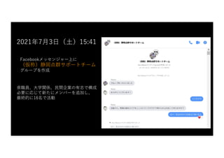 2021年7⽉3⽇（⼟）15:41
Facebookメッセンジャー上に
（仮称）静岡点群サポートチーム
グループを作成
県職員、⼤学関係、⺠間企業の有志で構成
必要に応じて新たにメンバーを追加し、
最終的に16名で活動
 