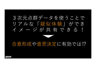 ３次元点群データを使うことで
リ ア ル な 「 疑 似 体 験 」 が で き
イ メ ー ジ が 共 有 で き る ！
合意形成や意思決定に有効では⁉
 