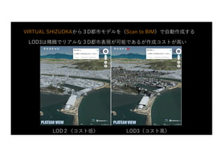 LOD２（コスト低） LOD3（コスト⾼）
VIRTUAL SHIZUOKAから３D都市モデルを（Scan to BIM）で⾃動作成する
LOD3は精緻でリアルな３D都市表現が可能であるが作成コストが⾼い
 