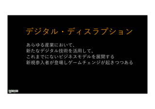デジタル・ディスラプション
あらゆる産業において、
新たなデジタル技術を活⽤して、
これまでにないビジネスモデルを展開する
新規参⼊者が登場しゲームチェンジが起きつつある
 