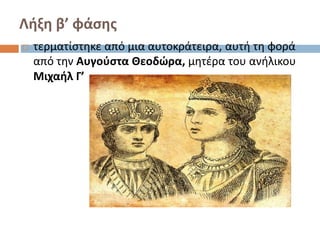 Λήξη β’ φάσης
 τερματίστηκε από μια αυτοκράτειρα, αυτή τη φορά
από την Αυγούστα Θεοδώρα, μητέρα του ανήλικου
Μιχαήλ Γ’
 