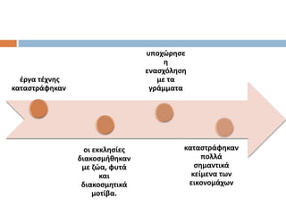 έργα τέχνης
καταστράφηκαν
οι εκκλησίες
διακοσμήθηκαν
με ζώα, φυτά
και
διακοσμητικά
μοτίβα.
υποχώρησε
η
ενασχόληση
με τα
γράμματα
καταστράφηκαν
πολλά
σημαντικά
κείμενα των
εικονομάχων
 