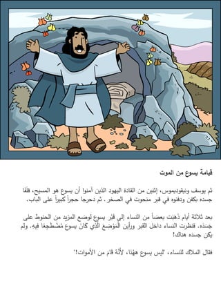 ‫الموت‬ ‫من‬ ‫ع‬
‫يسو‬ ‫قيامة‬
َ
‫ل‬‫ف‬ ،‫المسيح‬ ‫هو‬ ‫ع‬
‫يسو‬ ‫أن‬ ‫ا‬‫و‬‫آمن‬ ‫الذين‬ ‫اليهود‬ ‫القادة‬ ‫من‬ ‫إثنين‬ ،‫ونيقوديموس‬ ‫يوسف‬ ‫ثم‬
‫ا‬َ
‫ف‬
‫الصخر‬ ‫في‬ ‫منحوت‬ ‫قبر‬ ‫في‬ ‫ودفنوه‬ ‫بكفن‬ ‫جسده‬
.
‫الب‬ ‫على‬ ً‫ا‬
‫ر‬‫كبي‬ ً‫ا‬
‫ر‬‫حج‬ ‫دحرجا‬ ‫ثم‬
‫اب‬
.
‫الحن‬ ‫من‬ ‫يد‬‫ز‬‫الم‬ ‫لوضع‬ ‫ع‬
‫يسو‬ ‫ر‬ْ‫ب‬َ
‫ق‬ ‫إلى‬ ‫النساء‬ ‫من‬ ً‫ا‬‫بعض‬ ‫ت‬َ
‫ب‬َ
‫ه‬َ
‫ذ‬ ‫أيام‬ ‫ثالثة‬ ‫بعد‬
‫على‬ ‫وط‬
‫ه‬َ
‫د‬ َ
‫س‬َ
‫ج‬
.
ْ
‫ض‬ُ
‫م‬ ‫ع‬
‫يسو‬ َ
‫ان‬َ
‫ك‬ ‫ي‬ِ
‫ذ‬َّ
‫ال‬ َ
‫ع‬ ِ
‫ض‬ ْ
‫و‬َ
‫م‬ْ‫ل‬‫ا‬ ‫أين‬
‫ر‬‫و‬ ‫القبر‬ ‫داخل‬ ‫النساء‬ ‫فنظرت‬
ِ
‫يه‬ِ
‫ف‬ ‫ا‬ً
‫ع‬ِ
‫ج‬َ
‫ط‬
.
‫ولم‬
‫هناك‬ ‫جسده‬ ‫يكن‬
!
،‫للنساء‬ ‫المالك‬ ‫فقال‬
"
‫ات‬‫و‬‫األم‬ ‫من‬ َ
‫ام‬َ
‫ق‬ ُ
‫ه‬َّ
‫َن‬‫أل‬ ،‫ا‬َ
‫ن‬ُ
‫هه‬ ‫ع‬
‫يسو‬ ‫ليس‬
"!
 