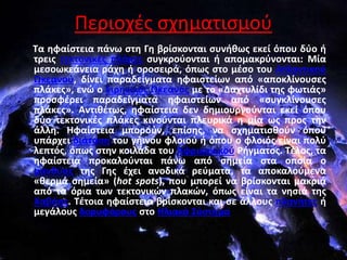 Περιοχές σχηματισμού
Τα ηφαίστεια πάνω στη Γη βρίσκονται συνήθως εκεί όπου δύο ή
τρεις τεκτονικές πλάκες συγκρούονται ή απομακρύνονται: Μία
μεσοωκεάνεια ράχη ή οροσειρά, όπως στο μέσο του Ατλαντικού
Ωκεανού, δίνει παραδείγματα ηφαιστείων από «αποκλίνουσες
πλάκες», ενώ ο Ειρηνικός Ωκεανός με το «Δαχτυλίδι της φωτιάς»
προσφέρει παραδείγματα ηφαιστείων από «συγκλίνουσες
πλάκες». Αντιθέτως, ηφαίστεια δεν δημιουργούνται εκεί όπου
δύο τεκτονικές πλάκες κινούνται πλευρικά η μία ως προς την
άλλη. Ηφαίστεια μπορούν, επίσης, να σχηματισθούν όπου
υπάρχει διάταση του γήινου φλοιού ή όπου ο φλοιός είναι πολύ
λεπτός, όπως στην κοιλάδα του Αφρικανικού Ρήγματος. Τέλος, τα
ηφαίστεια προκαλούνται πάνω από σημεία στα οποία ο
μανδύας της Γης έχει ανοδικά ρεύματα, τα αποκαλούμενα
«θερμά σημεία» (hot spots), που μπορεί να βρίσκονται μακριά
από τα όρια των τεκτονικών πλακών, όπως είναι τα νησιά της
Χαβάης. Τέτοια ηφαίστεια βρίσκονται και σε άλλους πλανήτες ή
μεγάλους δορυφόρους στο Ηλιακό Σύστημα.
 