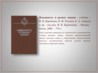 Надежность и ремонт машин : учебник /
В. В. Курчаткин, Н. Ф. Тельнов, К. А. Ачкасов
и др. ; под ред. В. В. Курчаткина. – Москва :
Колос, 2000. – 776 с.
Книга излагает материалы по надежности и теоретическим
основам ремонта машин. Описаны производственный
процесс ремонта машин и оборудования, технологические
процессы восстановления деталей, ремонт типовых
агрегатов и сборочных единиц.
 
