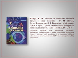 Нигора, В. М. Рознімні та нерознімні з'єднання
деталей : навч. посібник / В. М. Нигора,
В. М. Криворотько, Н. І. Ковальова ; Міністерство
освіти і науки України, Національний університет
харчових технологій. – Київ : НУХТ, 2014. – 219 с.
Розглянуто відомості щодо призначення, конструкції,
порівняльних характеристик і правил розроблення креслеників
деталей основних видів рознімних і не рознімних з’єднань
відповідно до вимог державних (ДСТУ) та міжнародних (ISO)
стандартів.
 