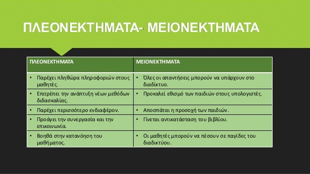 ΠΛΕΟΝΕΚΤΗΜΑΤΑ- ΜΕΙΟΝΕΚΤΗΜΑΤΑ
ΠΛΕΟΝΕΚΤΗΜΑΤΑ ΜΕΙΟΝΕΚΤΗΜΑΤΑ
• Παρέχει πληθώρα πληροφοριών στους
μαθητές.
• Όλες οι απαντήσεις μπορούν να υπάρχουν στο
διαδίκτυο.
• Επιτρέπει την ανάπτυξη νέων μεθόδων
διδασκαλίας.
• Προκαλεί εθισμό των παιδιών στους υπολογιστές.
• Παρέχει περισσότερο ενδιαφέρον. • Αποσπάται η προσοχή των παιδιών.
• Προάγει την συνεργασία και την
επικοινωνία.
• Γίνεται αντικατάσταση του βιβλίου.
• Βοηθά στην κατανόηση του
μαθήματος.
• Οι μαθητές μπορούν να πέσουν σε παγίδες του
διαδικτύου.
 