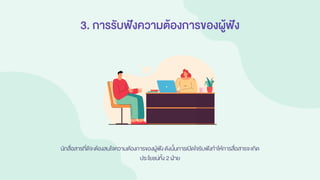 3. การรับฟังความต้องการของผู้ฟัง
นักสื่อสารที่ดีจะต้องสนใจความต้องการของผู้ฟังดังนั้นการเปิดใจรับฟังทาให้การสื่อสารจะเกิด
ประโยชน์ทั้ง 2 ฝ่าย
 