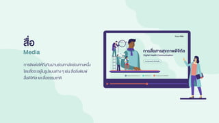 สื่อ
Media
การติดต่อให้ถึงกันผ่านช่องทางใดช่องทางหนึ่ง
โดยสื่อจะอยู่ในรูปแบบต่าง ๆ เช่น สื่อสิ่งพิมพ์
สื่อดิจิทัล และสื่อธรรมชาติ
 