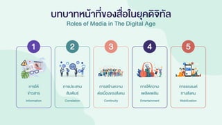 บทบาทหน้าที่ของสื่อในยุคดิจิทัล
Roles of Media in The Digital Age
1 2 3 4 5
การให้
ข่าวสาร
การประสาน
สัมพันธ์
การสร้างความ
ต่อเนื่องของสังคม
การให้ความ
เพลิดเพลิน
การรณรงค์
ทางสังคม
Information Correlation Continuity Entertainment Mobilization
 