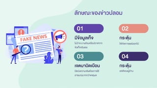 มีข้อมูลเท็จ
ไม่ว่าจะบางส่วนหรือปราศจาก
ข้อเท็จจริงเลย
01
เจตนาบิดเบือน
ปิดบังความจริงด้วยการใช้
อารมณ์มากกว่าเหตุผล
03
กระตุ้น
ให้เกิดการแชร์ออกไป
02
กระตุ้น
อคติของผู้อ่าน
04
ลักษณะของข่าวปลอม
 