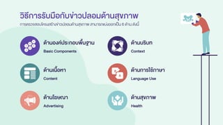 Language Use
Health
Context
ด้านสุขภาพ
ด้านการใช้ภาษา
Basic Components
Content
ด้านองค์ประกอบพื้นฐาน
ด้านเนื้อหา
ด้านโฆษณา
ด้านบริบท
Advertising
วิธีการรับมือกับข่าวปลอมด้านสุขภาพ
การตรวจสอบโครงสร้างข่าวปลอมด้านสุขภาพ สามารถแบ่งออกเป็น 6 ด้าน ดังนี้
 