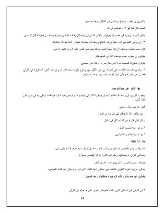 14
.‫صحيح‬ ‫وهذا‬ ،‫الخليل‬ ‫في‬ ‫يسكنون‬ ‫وابناؤه‬ ‫يعقوب‬ ‫ان‬ ‫يذكرون‬
‫بلغ‬ ‫لما‬ ‫كان‬ ‫الحسد‬
١٧
‫في‬ ‫نخالفهم‬ ،
..‫هذا‬
‫كان‬ ‫أنه‬ ‫يرجح‬ ..‫وحده‬ ‫يخرج‬ ‫أن‬ ‫عليه‬ ‫يخاف‬ ‫كان‬ ‫ابوه‬ ‫ان‬ ‫الثاني‬ ‫واألمر‬ .‫يعرفوه‬ ‫لم‬ ‫مصر‬ ‫في‬ ‫زاروه‬ ‫لما‬ ‫أنهم‬ ‫بدليل‬
٥
‫سنين‬
.‫المشاكل‬ ‫بدأ‬ ‫هو‬ ‫كأنه‬ ..‫إخوته‬ ‫بحديث‬ ‫أباه‬ ‫يوسف‬ ‫فابلغ‬ .‫وزلفة‬ ‫بلهة‬ ‫أبناء‬ ‫مع‬ ‫الغنم‬ ‫يرعى‬ ‫راح‬ *
‫ح‬ ‫منها‬ ‫وتأكد‬ ‫النبوة‬ ‫سيمة‬ ‫فيه‬ ‫ألن‬ ‫يوسف‬ ‫يعقوب‬ ‫يحب‬ ‫كان‬
..‫نبي‬ ‫أنه‬ ‫ففهم‬ ،‫الرؤيا‬ ‫عليه‬ ‫قص‬ ‫ين‬
.‫شيخوخته‬ ‫ابن‬ ‫ألنه‬ ‫يوسف‬ ‫يحب‬ ‫يعقوب‬ ‫ان‬ ‫يقولون‬
.‫صحيح‬ ‫ليس‬ ‫وهذا‬ .‫إخوته‬ ‫مثل‬ ‫ليس‬ ‫ملونا‬ ‫قميصا‬ ‫له‬ ‫صنع‬ ‫يقولون‬
.‫القرآن‬ ‫في‬ ‫المذكورة‬ ،‫آخر‬ ‫حلما‬ ‫رأى‬ ‫ثم‬ ..‫له‬ ‫تسجد‬ ‫إخوته‬ ‫وحزم‬ ‫منهم‬ ‫لكل‬ ‫حزما‬ ‫ان‬ ،‫إخوته‬ ‫على‬ ‫فقصه‬ ‫حلما‬ ‫يوسف‬ ‫وحلم‬ *
‫إخوته‬ ‫على‬ ‫فقصها‬
.‫إخوته‬ ‫وحسده‬ ،‫ابوه‬ ‫وأنبه‬ ‫فعنفه‬ .‫أبيه‬ ‫وعلى‬
.‫يوسف‬ ‫حياة‬ ‫على‬ ‫التأمر‬
‫ونقول‬ ‫بئر‬ ‫في‬ ‫به‬ ‫ونلقي‬ ،‫نقتله‬ ‫هيا‬ ‫قالوا‬ ‫بعيد‬ ‫من‬ ‫رأوه‬ ‫ولما‬ .‫ابيه‬ ‫الى‬ ‫الكالم‬ ‫وينقل‬ ‫األخبار‬ ‫ليستطلع‬ ‫يوسف‬ ‫يرسل‬ ‫كان‬ ‫يعقوب‬
‫الذئب‬ ‫أكله‬
.‫مبني‬ ‫جداره‬ ‫جب‬ ‫هو‬ ‫البئر‬
‫في‬ ‫نطرحه‬ ‫لهم‬ ‫قال‬ )‫األوالد‬ ‫(أكبر‬ ‫رؤبين‬
.‫البئر‬
.)‫ماء‬ ‫في‬ ‫(كان‬ ‫الماء‬ ‫من‬ ‫فارغ‬ ‫البئر‬ ‫وكان‬
‫الملون‬ ‫قميصه‬ ‫عنه‬ ‫نزعوا‬ *
*
‫المديانيين‬ ‫لتجار‬ ‫يباع‬ ‫يوسف‬
‫القافلة‬ ‫رأوا‬ ‫لما‬
‫بنبي‬ ‫يليق‬ ‫ال‬ ‫هذا‬ .‫عليه‬ ‫وناح‬ ‫ثيابه‬ ‫فشق‬ ،‫افترسه‬ ‫وحش‬ ‫ان‬ ‫صدقهم‬ ‫القميص‬ ‫رأى‬ ‫يعقوب‬ ‫لما‬
‫(فصبر‬ ‫كيدا‬ ‫به‬ ‫كادوا‬ ‫أنهم‬ ‫وعلم‬ ‫يصدقهم‬ ‫لم‬ ‫القرآن‬ ‫في‬ ‫بينما‬
)‫جميل‬
‫ر‬ ‫فوتيفار‬
‫إليه‬ ‫وأحسن‬ ‫يوسف‬ ‫اشترى‬ ‫الحرس‬ ‫ئيس‬
.
،‫القميص‬ ‫قدت‬ ‫انها‬ ‫يذكر‬ ‫ولم‬ ،‫األبواب‬ ‫غلقت‬ ‫انها‬ ‫مذكور‬ ‫غير‬ ،‫لفتاها‬ ‫العزيز‬ ‫امرأة‬ ‫مراودة‬ ‫مذكور‬
.‫للسجن‬ ‫وأرسله‬ ‫وصدقها‬ ‫لزوجها‬ ‫وقالت‬ ‫صرخت‬ ‫أنها‬ ‫يقولون‬
‫الق‬ ‫في‬ ‫جاء‬ ‫ما‬ ‫نفس‬ ‫تقريبا‬ ..‫حلمهما‬ ‫وقصا‬ ‫اثنين‬ ‫الساقي‬ ‫لقي‬ ‫السجن‬ ‫في‬ *
.‫رآن‬
 