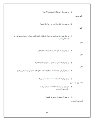 81
1
.
‫واألرض؟‬ ‫السماوات‬ ‫خالق‬ ‫واحد‬ ‫بإله‬ ‫يؤمن‬ ‫من‬
•
‫يؤمنون‬ ‫كلهم‬
2
.
‫تناسلوا؟‬ ‫ثم‬ ‫وحواء‬ ‫آدم‬ ‫من‬ ‫بدأوا‬ ‫البشر‬ ‫بأن‬ ‫يؤمن‬ ‫من‬
•
‫كلهم‬
3
.
‫هو‬ ‫نوح‬ ‫وبهذا‬،‫وابناءه‬ ‫نوح‬ ‫ماعدا‬ ‫البشر‬ ‫فأغرق‬ ‫طوفان‬ ‫هللا‬ ‫أرسل‬ ‫بزمن‬ ‫آدم‬ ‫بعد‬ ‫بأن‬ ‫يؤمن‬ ‫منكم‬ ‫من‬
‫للبشر؟‬ ‫الثاني‬ ‫األب‬
•
‫كلهم‬
4
.
‫والجن‬ ‫المالئكة‬ ،‫البشر‬ ‫غير‬ ‫خلقا‬ ‫خلق‬ ‫هللا‬ ‫بأن‬ ‫يؤمن‬ ‫من‬
•
‫كلهم‬
5
.
‫اختار‬ ‫هللا‬ ‫أن‬ ‫يؤمن‬ ‫من‬
‫البشر؟‬ ‫لهداية‬ ‫وانبياء‬ ‫رسال‬ ‫البشر‬ ‫من‬
•
‫كلهم‬
6
.
‫اليسع‬ ‫هارون‬ ‫يوسف‬ ‫موسى‬ ،‫يعقوب‬ ‫إسحق‬ ‫إسماعيل‬ ‫إبراهيم‬ ‫األنبياء‬ ‫هؤالء‬ ‫من‬ ‫أن‬ ‫يؤمن‬ ‫من‬
7
.
‫مريم؟‬ ‫اسمها‬ ‫صديقة‬ ‫صالحة‬ ‫امرأة‬ ‫هناك‬ ‫أن‬ ‫يؤمن‬ ‫من‬
•
‫والمسلمون‬ ‫النصارى‬
8
.
‫رجل؟‬ ‫غير‬ ‫من‬ ‫حملت‬ ‫الصديقة‬ ‫مريم‬ ‫أن‬ ‫يؤمن‬ ‫من‬
•
‫والمسلمون‬ ‫النصارى‬
9
.
‫المسيح؟‬ ‫هو‬ ‫مريم‬ ‫ابن‬ ‫عيسى‬ ‫أن‬ ‫يؤمن‬ ‫من‬
‫والمسلمون‬ ‫النصارى‬
 