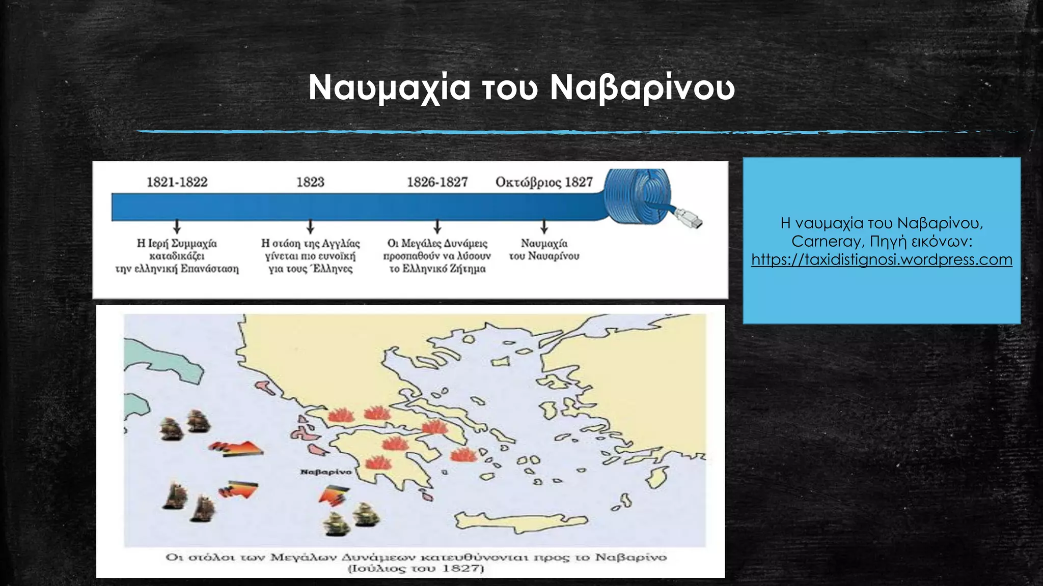 Ναυμαχία του Ναβαρίνου
H ναυμαχία του Ναβαρίνου,
Carneray, Πηγή εικόνων:
https://taxidistignosi.wordpress.com
 
