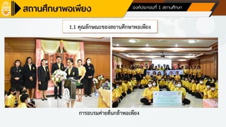 ด้านที่ 5 ผลลัพธ์/ภาพความสาเร็จ องค์ประกอบที่ 1 สถานศึกษา
1.1 คุณลักษณะของสถานศึกษาพอเพียง
การอบรมค่ายต้นกล้าพอเพียง
 