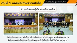 ด้านที่ 5 ผลลัพธ์/ภาพความสาเร็จ
องค์ประกอบที่ 2 ผู้บริหารสถานศึกษา
2.1 คุณลักษณะของผู้บริหารสถานศึกษาพอเพียง
บันทึกข้อตกลงความร่วมมือในการขับเคลื่อนโครงการโรงเรียนคุณภาพระดับมัธยมระหว่าง
สานักงานเขตพื้นที่การศึกษามัธยมศึกษานนทบุรี กับ โรงเรียนโพธินิมิตวิทยาคม (MOU)
 