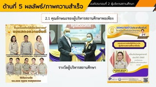 ด้านที่ 5 ผลลัพธ์/ภาพความสาเร็จ
องค์ประกอบที่ 2 ผู้บริหารสถานศึกษา
2.1 คุณลักษณะของผู้บริหารสถานศึกษาพอเพียง
รางวัลผู้บริหารสถานศึกษา
 