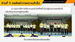 ด้านที่ 5 ผลลัพธ์/ภาพความสาเร็จ
องค์ประกอบที่ 3 บุคลากรของสถานศึกษา
3.2 บุคลากรจัดการทรัพยากรและดาเนินชีวิตด้านเศรษฐกิจอย่างสอดคล้องกับ
หลักปรัชญาของเศรษฐกิจพอเพียง
รับรางวัลเล่าเรื่องถอดบทเรียนพอเพียง
 