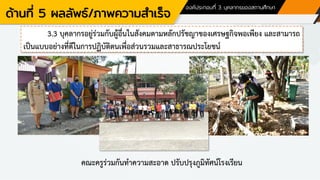 ด้านที่ 5 ผลลัพธ์/ภาพความสาเร็จ
องค์ประกอบที่ 3 บุคลากรของสถานศึกษา
3.3 บุคลากรอยู่ร่วมกับผู้อื่นในสังคมตามหลักปรัชญาของเศรษฐกิจพอเพียง และสามารถ
เป็นแบบอย่างที่ดีในการปฏิบัติตนเพื่อส่วนรวมและสาธารณประโยชน์
คณะครูร่วมกันทาความสะอาด ปรับปรุงภูมิทัศน์โรงเรียน
 