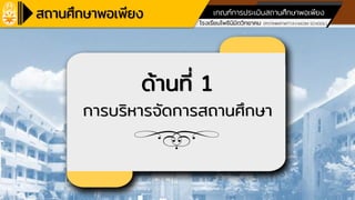 โรงเรียนเครือข่ายศูนย์การเรียนรู้
โรงเรียนโพธินิมิตวิทยาคม (POTINIMITWITTAYAKOM SCHOOL)
ตามหลักปรัชญาของเศรษฐกิจพอเพียง ด้านการศึกษา
เกณฑ์การประเมินสถานศึกษาพอเพียง
ด้านที่ 1
การบริหารจัดการสถานศึกษา
 