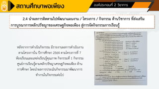 ด้านที่ 1 การบริหารจัดการสถานศึกษา องค์ประกอบที่ 2 วิชาการ
2.4 นาผลการติดตามไปพัฒนาแผนงาน / โครงการ / กิจกรรม ด้านวิชาการ ที่ส่งเสริม
การบูรณาการหลักปรัชญาของเศรษฐกิจพอเพียง สู่การจัดกิจกรรมการเรียนรู้
หลังจากการดาเนินกิจกรรม มีรายงานผลการดาเนินงาน
ตามโครงการใน ปีการศึกษา 2564 ตามโครงการที่ 7
ห้องเรียนและแหล่งเรียนรู้คุณภาพ กิจกรรมที่ 1 กิจกรรม
ศูนย์การเรียนรู้ตามหลักปรัชญาเศรษฐกิจพอเพียง ด้าน
การศึกษา โดยนาผลการประเมินกิจกรรมมาพัฒนาการ
ทางานในกิจกรรมต่อไป
 