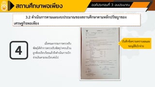 ด้านที่ 1 การบริหารจัดการสถานศึกษา องค์ประกอบที่ 3 งบประมาณ
3.2 ดาเนินการตามแผนงบประมาณของสถานศึกษาตามหลักปรัชญาของ
เศรษฐกิจพอเพียง
เมื่อคณะกรรมการตรวจรับ
พัสดุได้ทาการตรวจรับพัสดุว่าครบถ้วน
ถูกต้องเรียบร้อยแล้วจึงดาเนินการเบิก
จ่ายเงินตามระเบียบต่อไป
บันทึกข้อความทราบผลและ
ขอนุมัติเบิกจ่าย
 