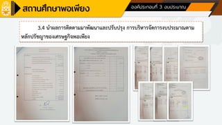 ด้านที่ 1 การบริหารจัดการสถานศึกษา องค์ประกอบที่ 3 งบประมาณ
3.4 นาผลการติดตามมาพัฒนาและปรับปรุง การบริหารจัดการงบประมาณตาม
หลักปรัชญาของเศรษฐกิจพอเพียง
 